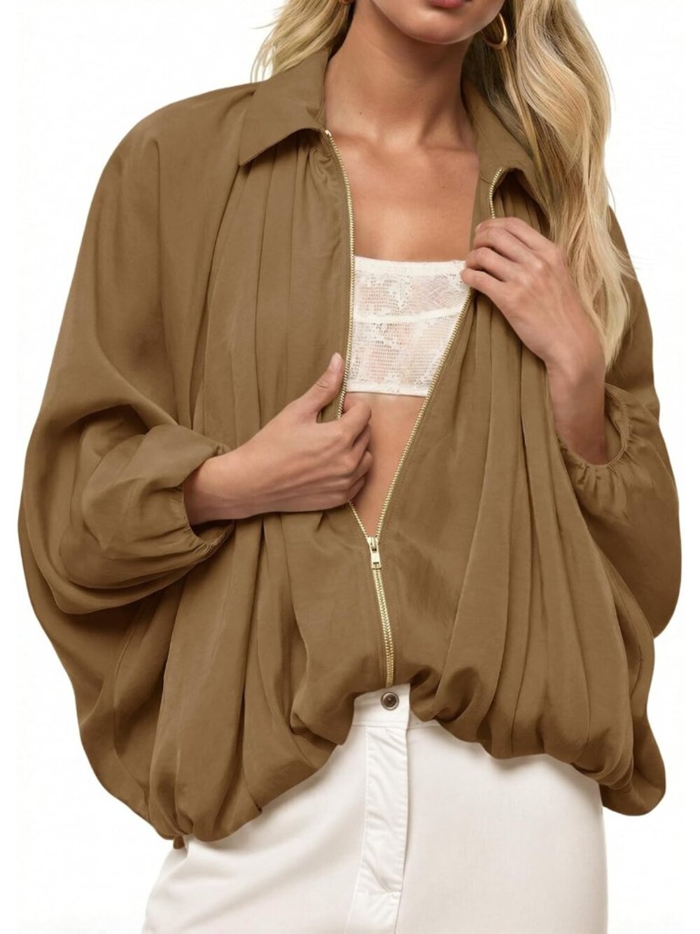 Womens Brown Loose Oversized Lapel Collar Long Sleeve Zip Up Bomber Jacket